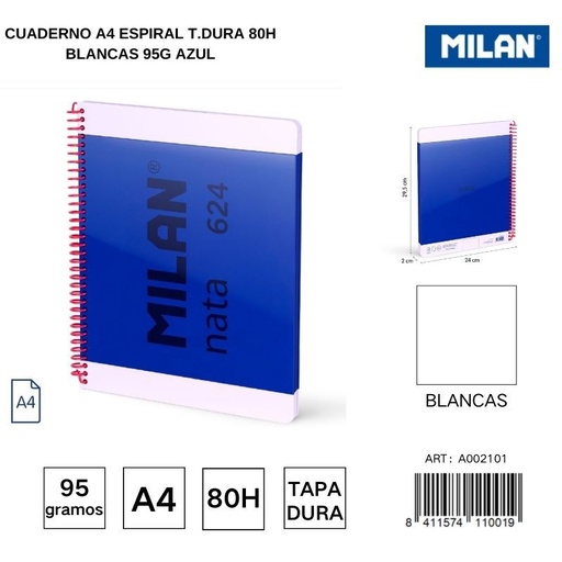 [A002101] Cuaderno A4 espiral T.Dura 80h blancas 95g azul - Cuadernos escolares y de oficina