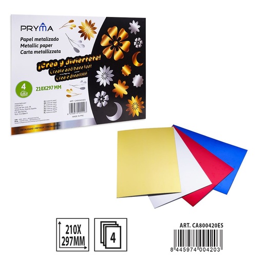 [A001654] PAPEL METALIZADO A4 4FF 210X297MM - Material para manualidades
