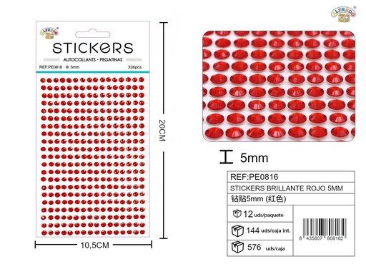 [PE0816] Sticker brillante rojo 5 mm 10,5x20 cm - Pegatinas decorativas de diamantes y perlas