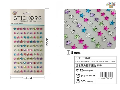 [PE0708] Sticker brillante “estrella” color surtido 8 mm 10,5x20 cm - Pegatinas decorativas de diamantes y perlas