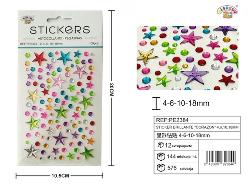 [PE2384] Sticker brillante “estrella” 4,6,10,18 mm - 109 piezas 10,5x20 cm - Pegatinas decorativas de diamantes y perlas
