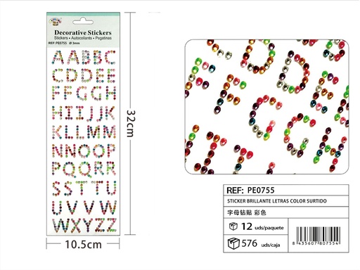 [PE0755] Sticker brillante letras color surtido 3 mm 10,5x32 cm - Pegatinas decorativas de diamantes y perlas
