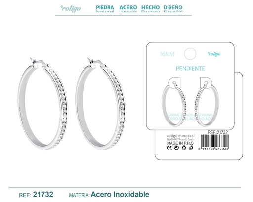 [21732] Aro de acero plateado de 16 mm con circonita transparente - Joyas y accesorios