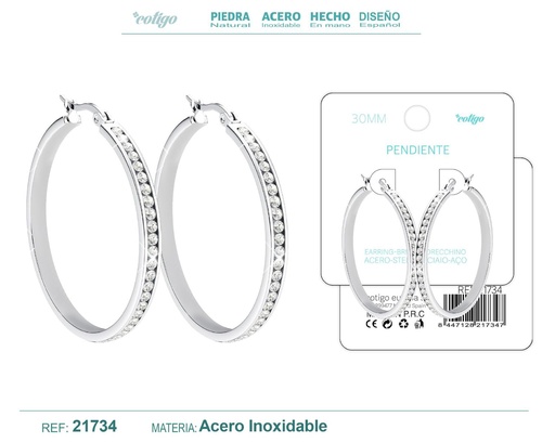 [21734] Aro de acero plateado de 30 mm con circonita transparente - Joyas y accesorios
