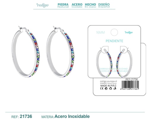 [21736] Aro de acero plateado de 16 mm con circonita de colores - Joyas y accesorios