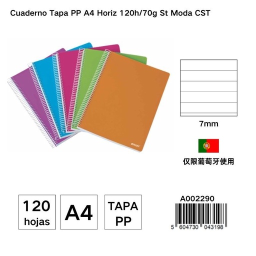 [A002290] Cuaderno A4 con tapa plástica 120 hojas 70G líneas 7MM - Material de papelería