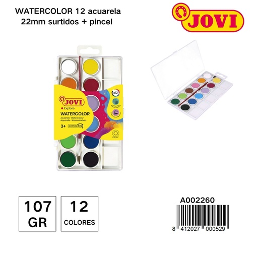[A002260] Pintura acuarelas JOVI 12 colores + pincel - Material escolar