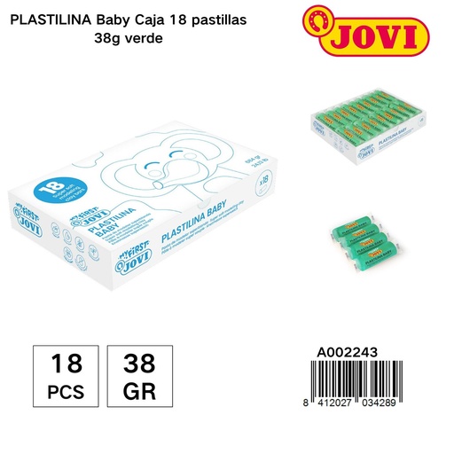 [A002243] Plastilina JOVI para niños caja de 18 pastillas de 38g color verde - Plastilina educativa para manualidades