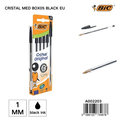 [A002203] Bolígrafo BIC Crystal Med 1MM - Caja de 5 unidades negras