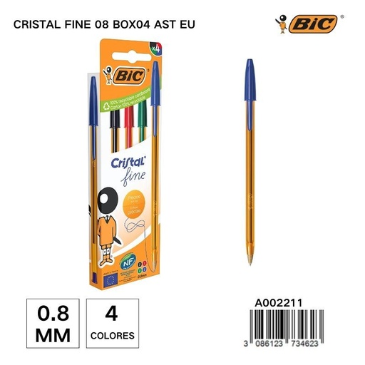 [A002211] Bolígrafo BIC Crystal Fine 0.8MM - Caja de 4 unidades