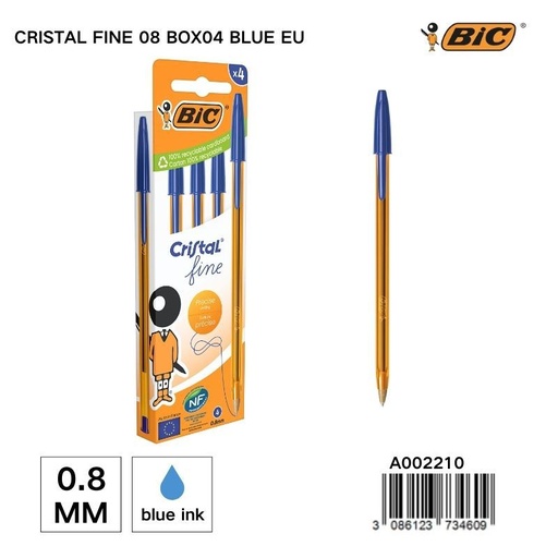 [A002210] Bolígrafo BIC Crystal Fine 0.8MM - Caja de 4 unidades azul