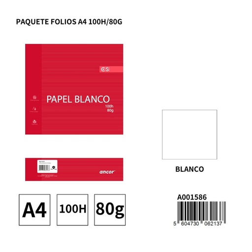 [A001586] Papel A4 blanco 100 hojas 80G - Paquete de folios para impresoras