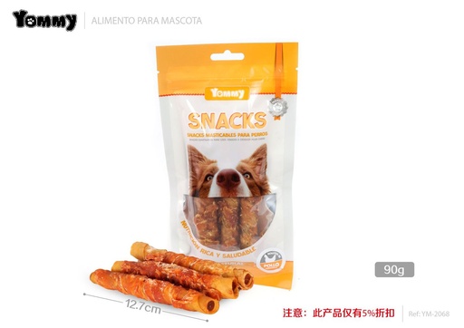 [YM2068] Chuchería de cerdo ahumado y pollo en rollo de piel de cerdo 12.7 cm, 90 g - Snack para mascotas