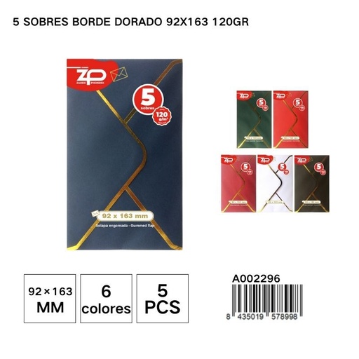 [A002296] 5 sobres con borde dorado (92x163 mm, 120 g) - Sobres y material de oficina