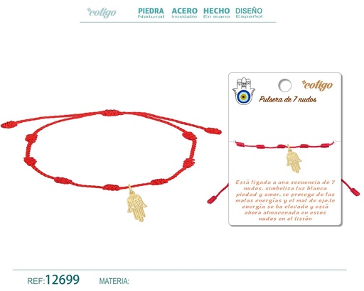 [12699] Pulsera de 7 nudos con mano de Fátima en acero dorado - Joyería y accesorios