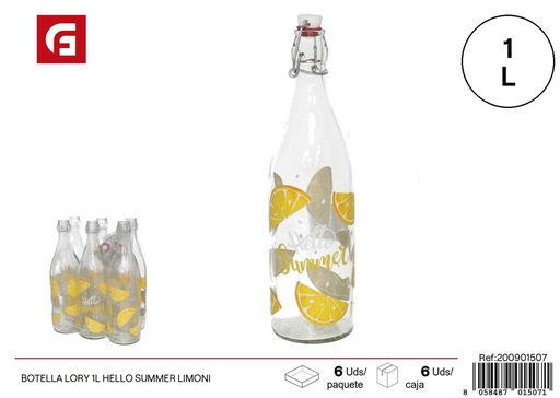 [A002585] Botella de vidrio Lory Hello Summer 1L limón - Botellas decorativas y veraniegas