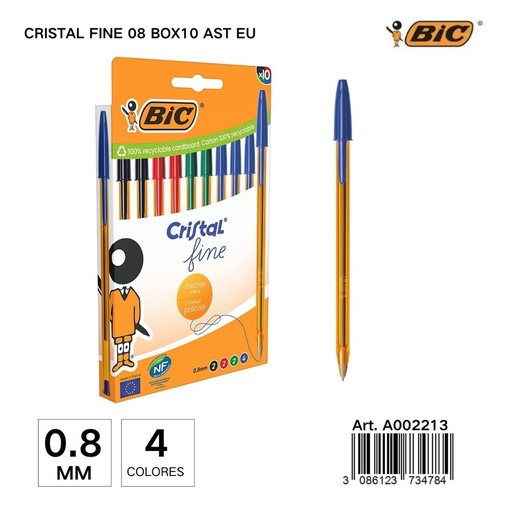 [A002213] Bolígrafo BIC cristal fine 0.8mm (10 unidades) - Material de escritura, papelería
