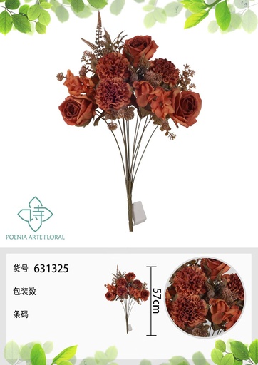 [631325NARANJA] Ramo de 12 cabezas de pequeña rosa de reina de bola de otoño de 57 cm - Flores artificiales