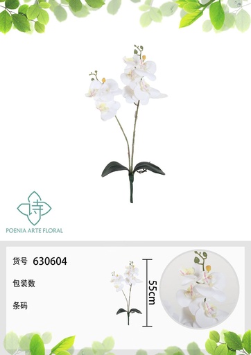 [630604BLANCO] Orquídea mariposa con hojas de 2 ramas de 55 cm - Decoración floral VARAFLOR