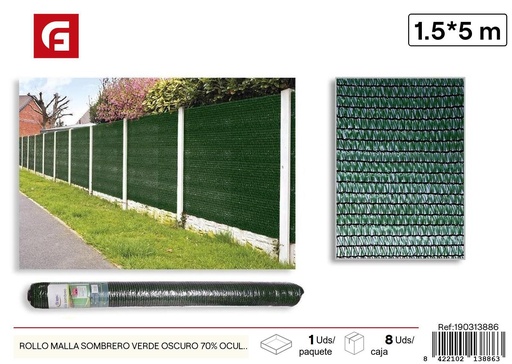 [190313886] Rollo de malla de sombreo verde oscuro 70% ocultación 1.5x5m - Accesorios de jardín y mallas de sombra