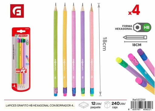 [154485611] Set de lápices hexagonales HB con borrador (4 piezas) - Material escolar y de escritura