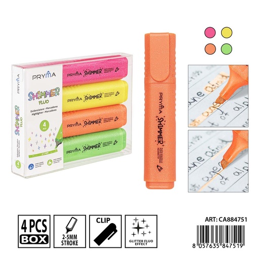 [0235217] Subrayador fluo con purpurina 2/5 mm (4 piezas) - Herramientas de escritura