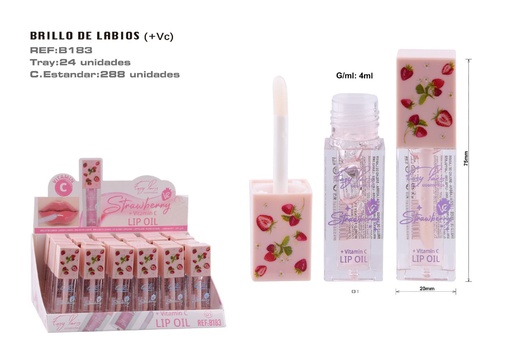 [B183-01]  Brillo Labial Strawberry Hidratante 24u - Labios brillantes y cuidados