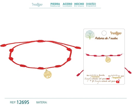 [12695] Pulsera de 7 nudos con árbol de la vida acero dorado - Joyería de nudos