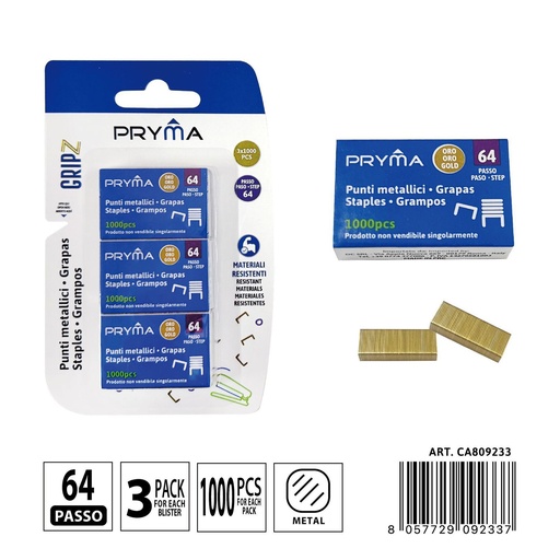 [0237543] Grapas doradas No.10 x1000 3PZ - Artículos de oficina y papelería