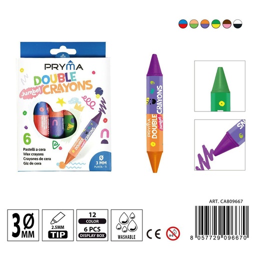 [0240101] Lápiz de cera jumbo doble punta 6 piezas 12 colores - Material de arte y manualidades