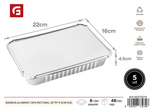 [141273274] Bandeja de aluminio rectangular 22x16x4.5 cm 5 uds - Utensilios desechables