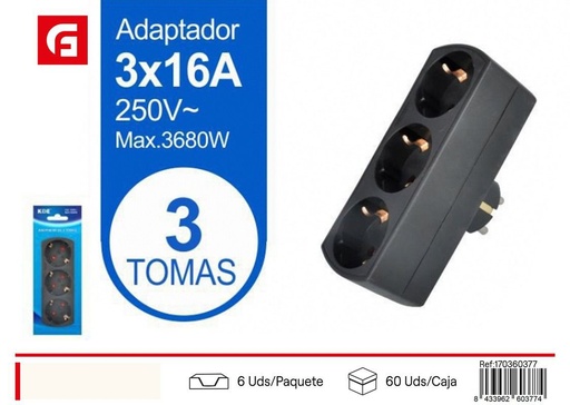 [170360377] Adaptador de 3 tomas negro - Suministros eléctricos y adaptadores