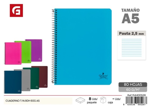 [154400526] Cuaderno T/N 80H 60g A5 - Material escolar básico