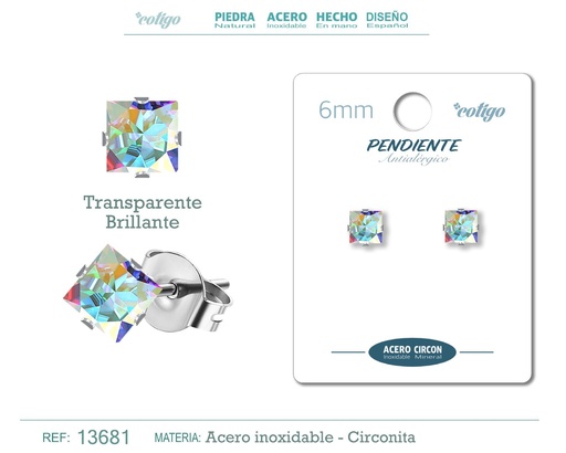 [13681] Pendiente cuadrado de circonita multicolor 6mm con base de acero plateado - Joyería de circonita