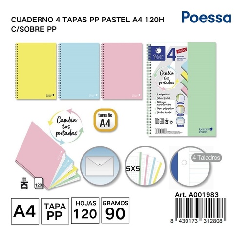 [A001983]  Cuaderno cuatro tapas A4 120 hojas - Papelería y cuadernos