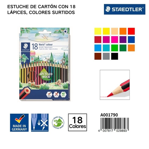 [A001790] Estuche de cartón con 18 lápices de colores surtidos - Papelería y artículos de escritura