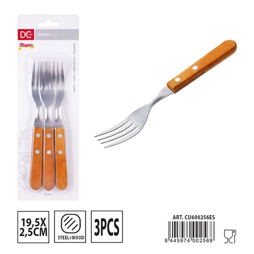 [A001607] Tenedor con mango de madera 19.5x2.5 cm 3 piezas - Utensilios de mesa