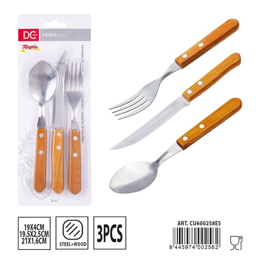 [A001609] Set de cubiertos con mango de madera 3 piezas - Utensilios de mesa