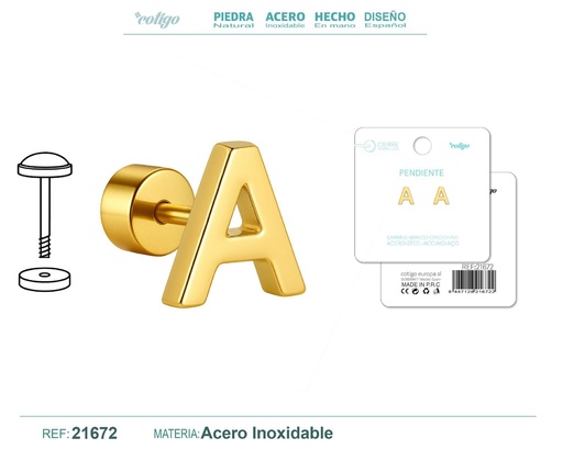 [21672] Pendiente de acero letra A color dorado con cierre de rosca - Joyería personalizada