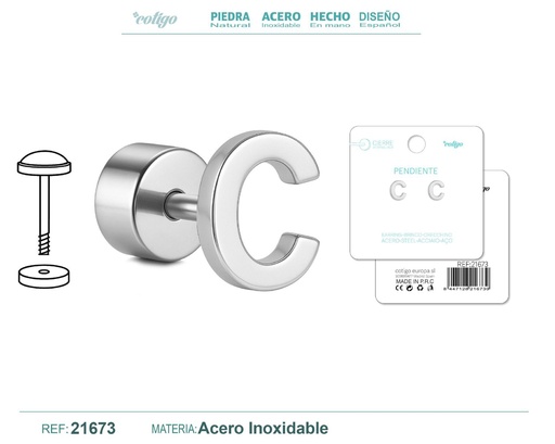 [21673] Pendiente de acero letra C color plateado con cierre de rosca - Joyería personalizada