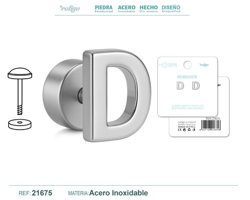 [21675] Pendiente de acero letra D color plateado con cierre de rosca - Joyería personalizada