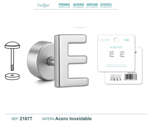 [21677] Pendiente de acero letra E color plateado con cierre de rosca - Joyería personalizada