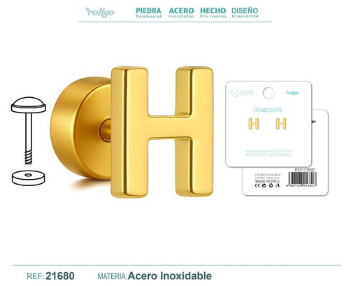 [21680] Pendiente de acero letra H color dorado con cierre de rosca - Joyería personalizada