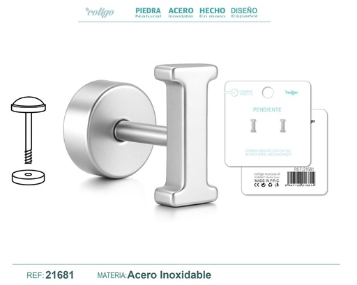 [21681] Pendiente de acero letra I color plateado con cierre de rosca - Joyería personalizada
