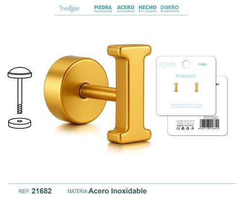 [21682] Pendiente de acero letra I color dorado con cierre de rosca - Joyería personalizada