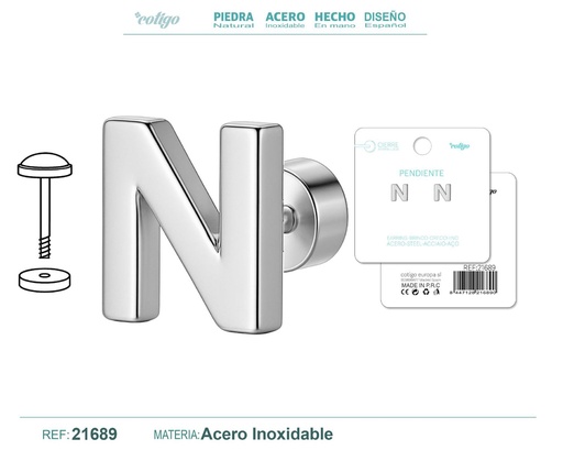 [21689] Pendiente de acero letra N color plateado con cierre de rosca - Joyería personalizada