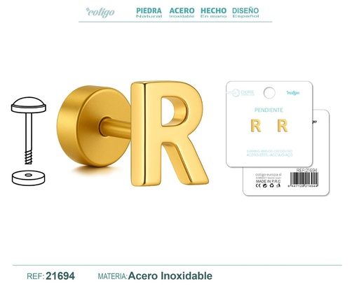 [21694] Pendiente de acero letra R color dorado con cierre de rosca - Joyería personalizada