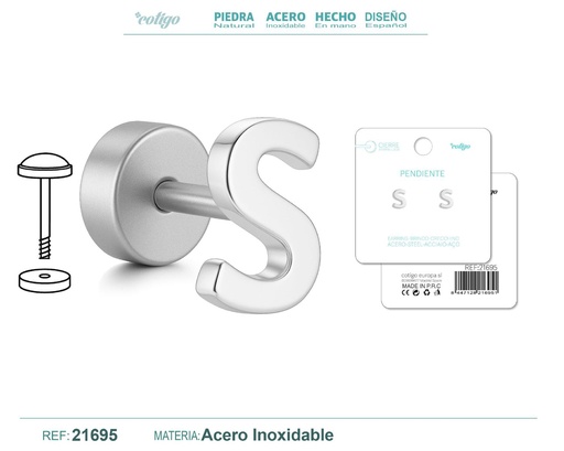 [21695] Pendiente de acero letra S color plateado con cierre de rosca - Joyería personalizada