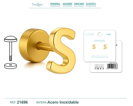 [21696] Pendiente de acero letra S color dorado con cierre de rosca - Joyería personalizada