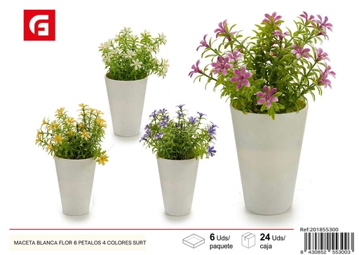 [201855300] Maceta blanca flor de 6 pétalos surtidas en 4 colores - Macetas para plantas artificiales